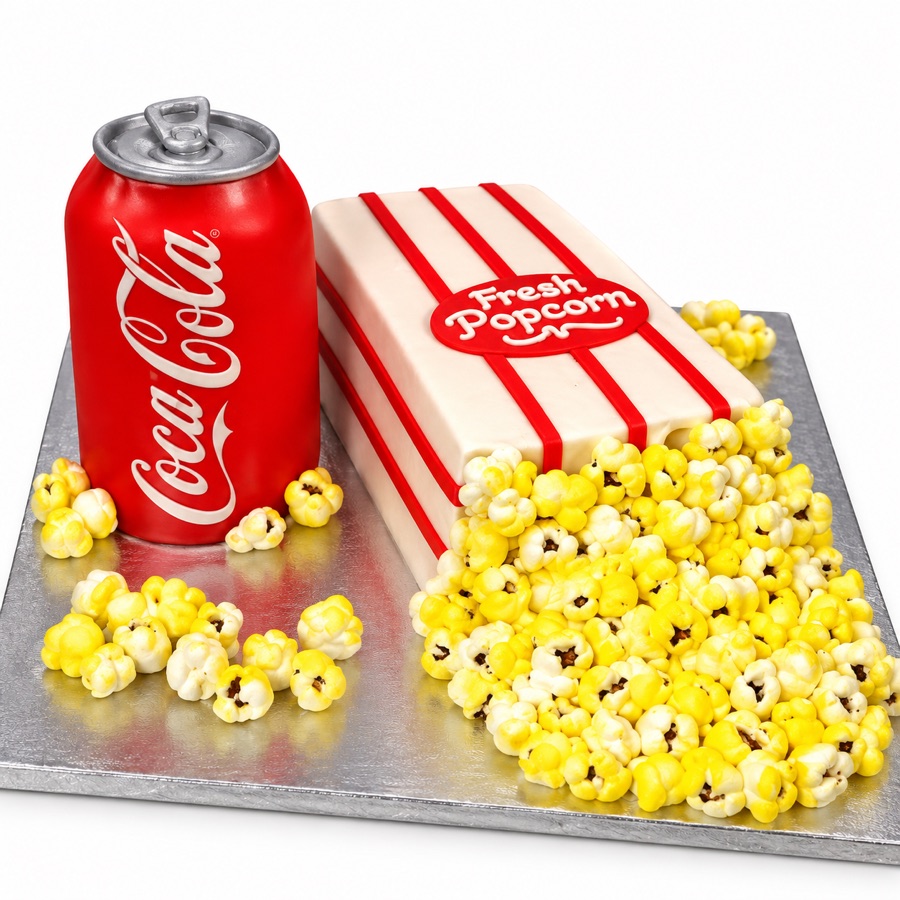 Sculpted soda can and popcorn box cake