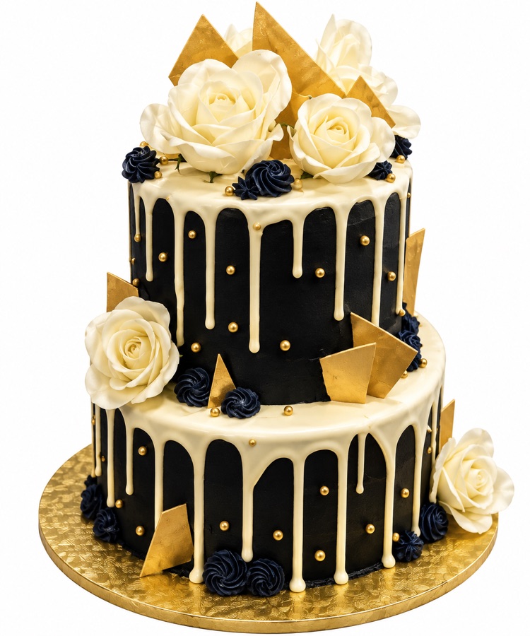 Black ivory and gold floral tiered cake
