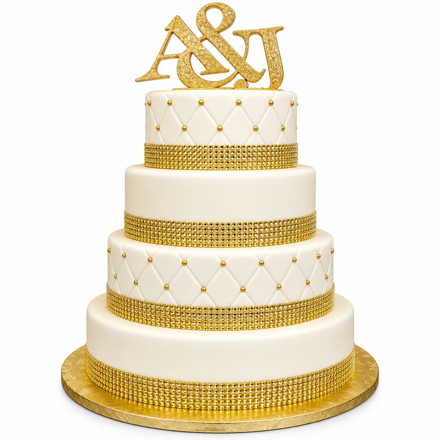 Four tier ivory cake with gold scrollwork