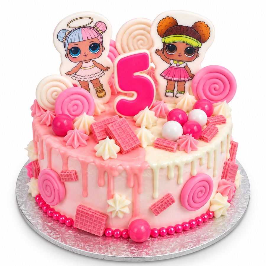 Pink candy covered doll party cake