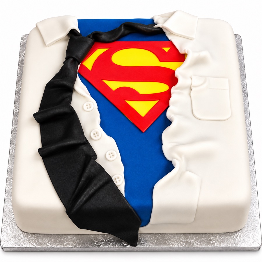 Sculpted shirt and tie superhero reveal cake