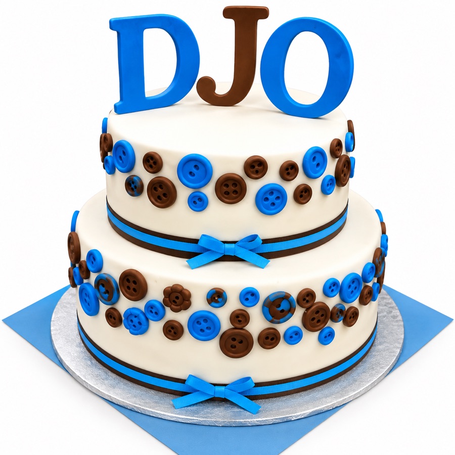 Blue and brown button themed tiered cake