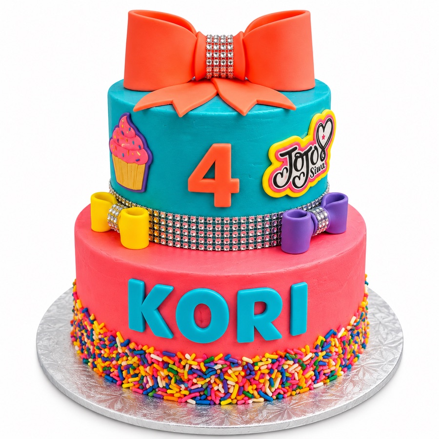 Bright rainbow bow and sprinkle tiered cake