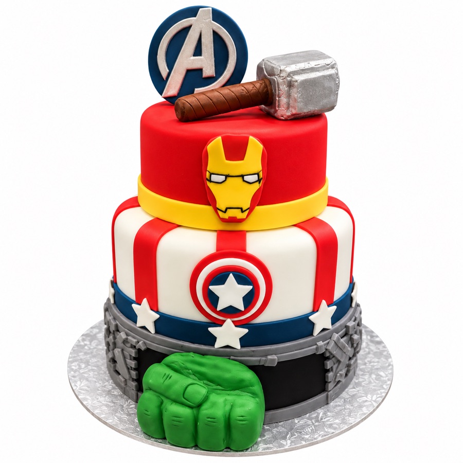 Red white and blue superhero themed tiered cake