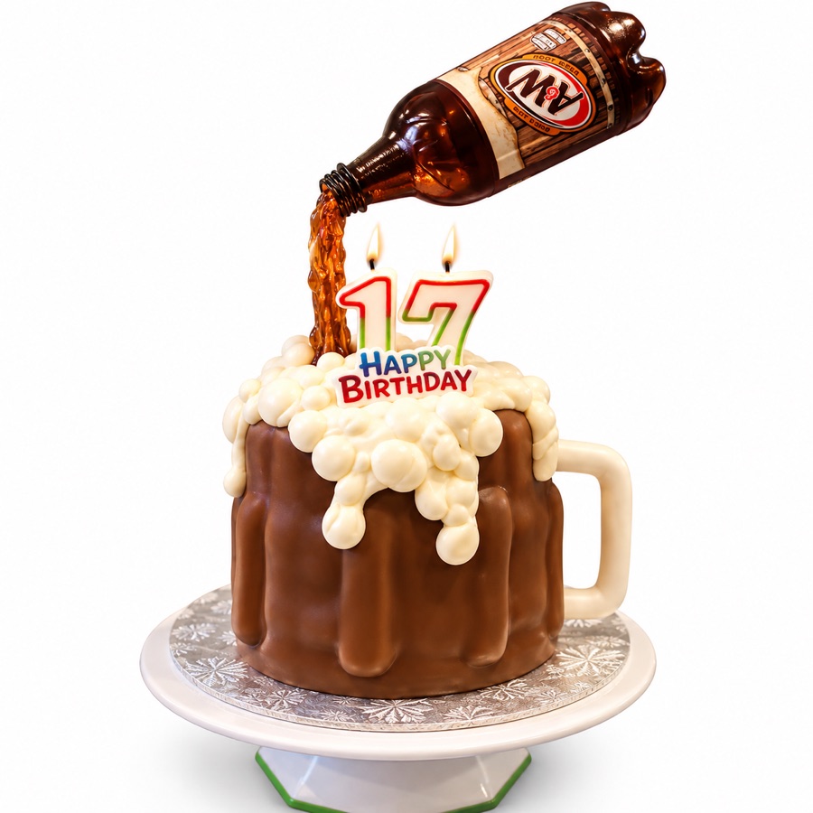 Sculpted root beer float cake with pouring bottle