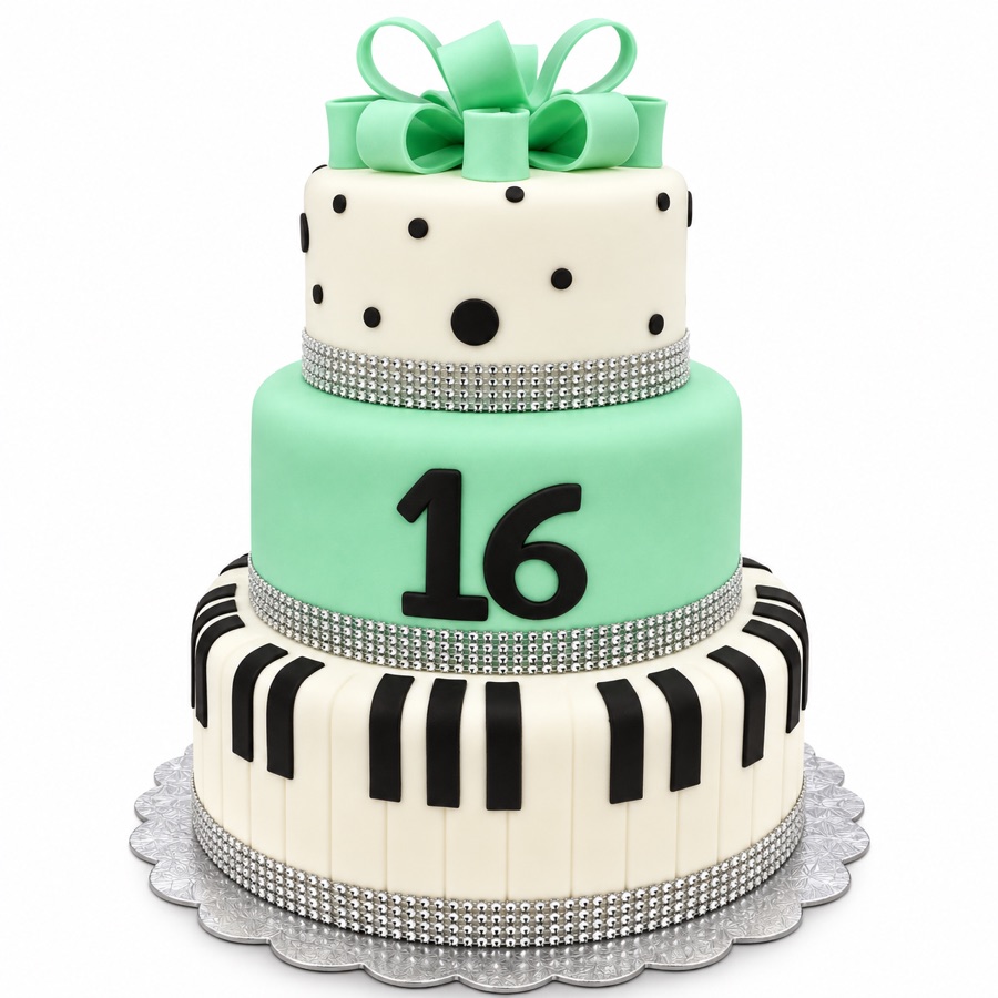 Mint and ivory piano key sweet sixteen cake