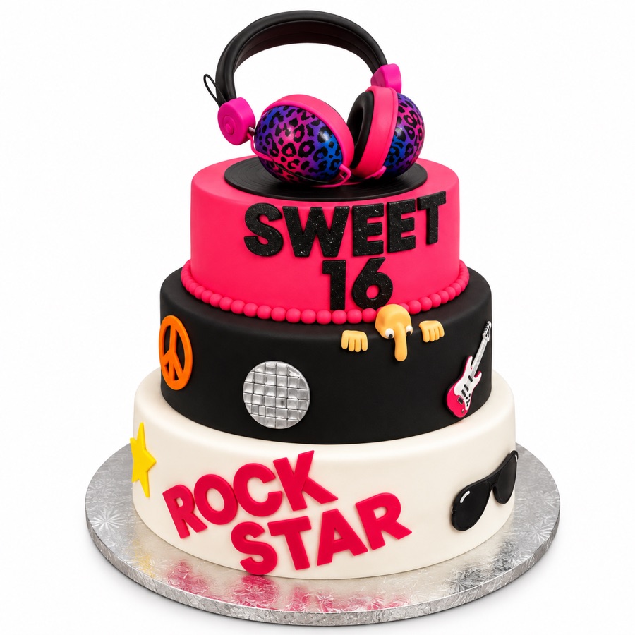 Pink black and white sweet sixteen music cake