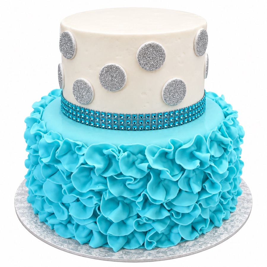 Aqua ruffle two tier cake with silver sparkle