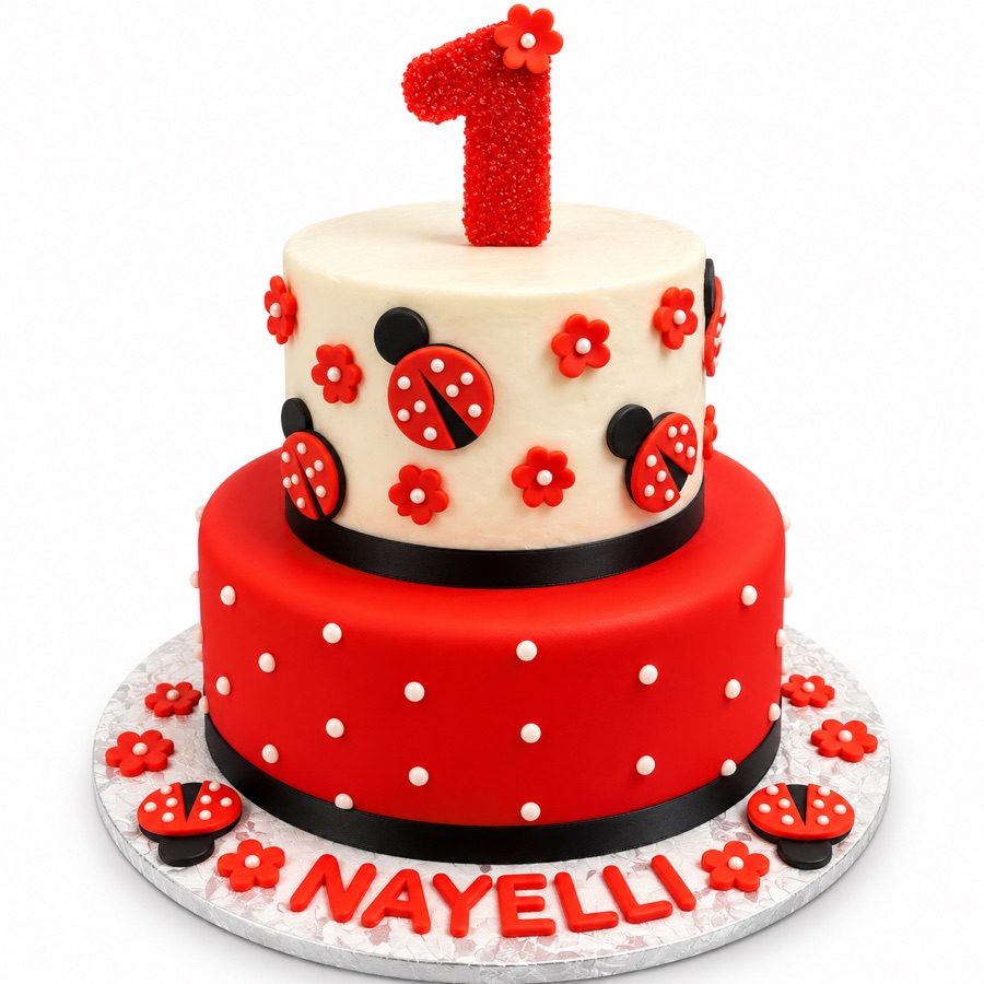 Red and black ladybug first birthday cake