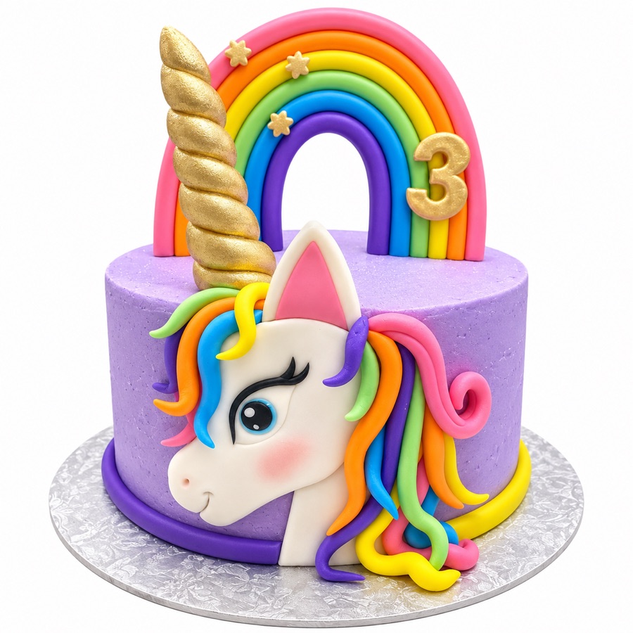 Purple rainbow unicorn third birthday cake