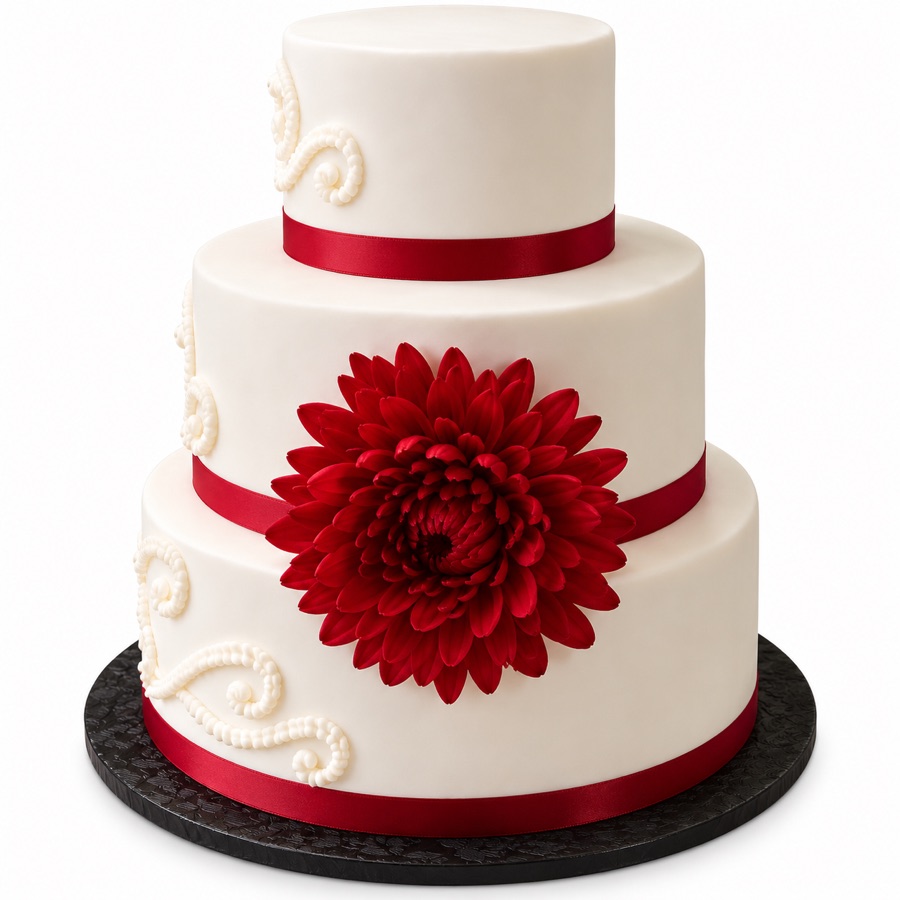 Ivory three tier cake with a crimson dahlia