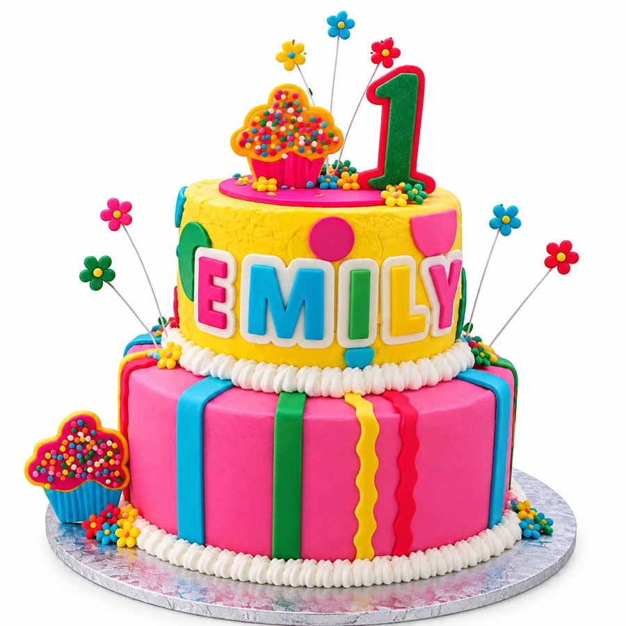 Colorful first birthday cake with cupcake topper