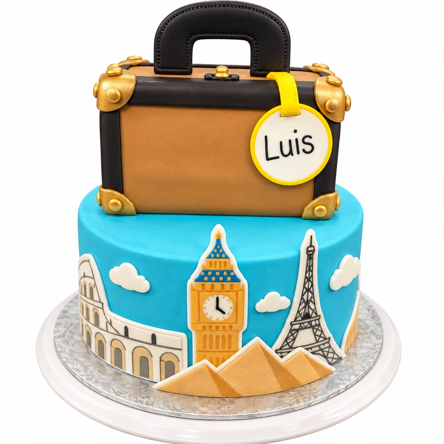 Travel themed cake with suitcase and world landmarks