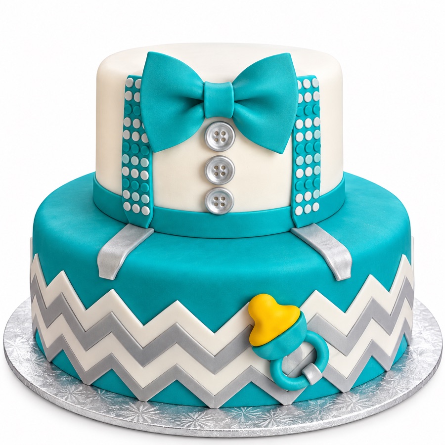 Teal and silver little gentleman baby shower cake