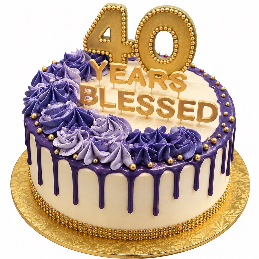Purple and gold fortieth birthday drip cake