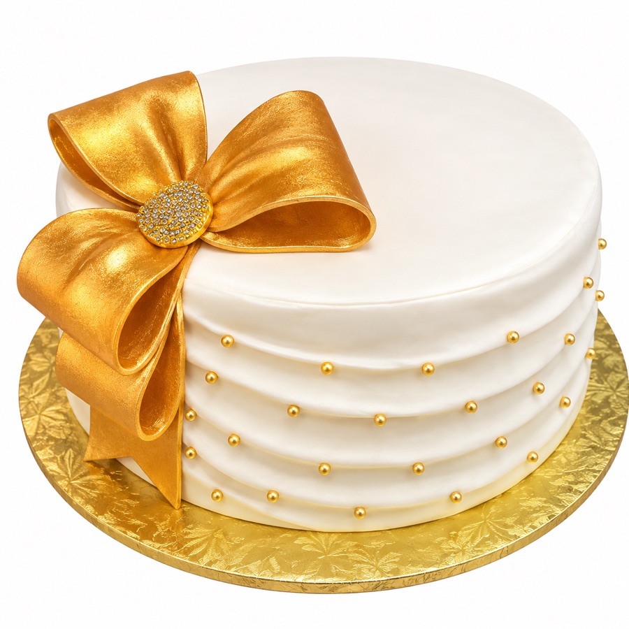 Ivory cake with a large metallic gold bow