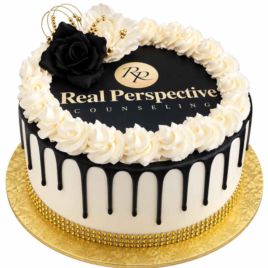 Black ivory and gold branded drip cake