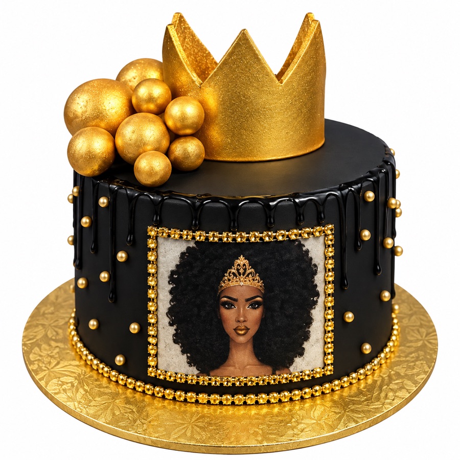 Black and gold crown cake with portrait