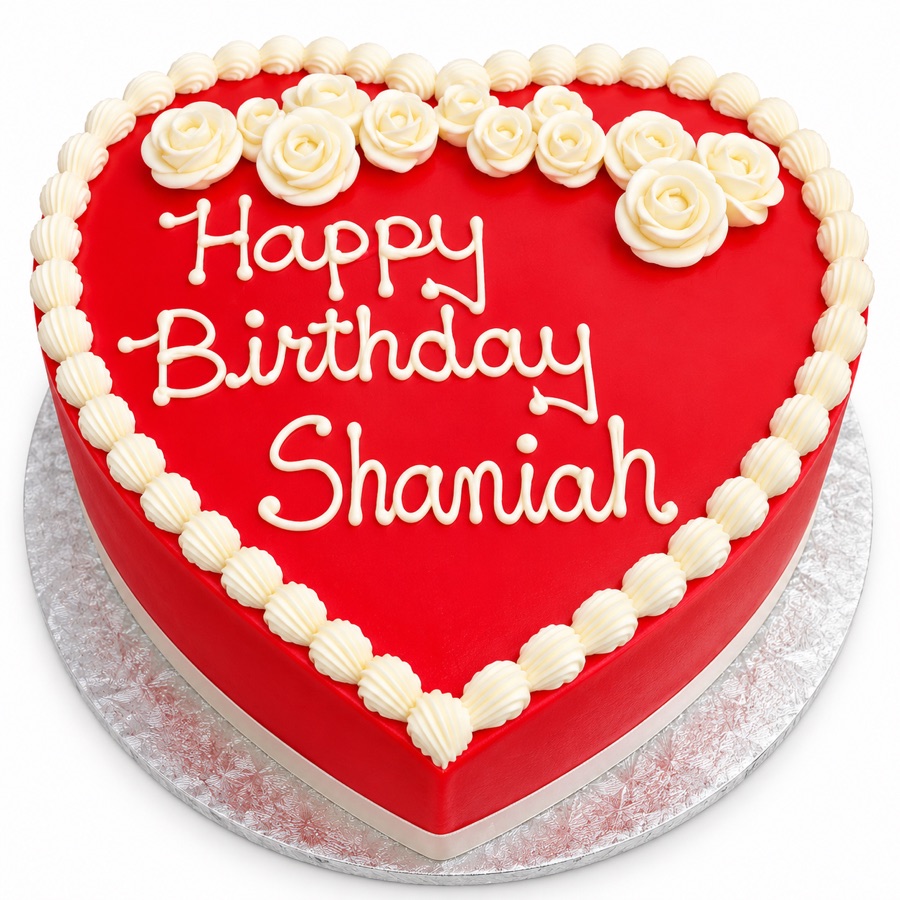 Red heart shaped birthday cake with ivory roses