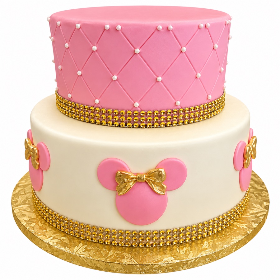 Pink ivory and gold bow tiered cake