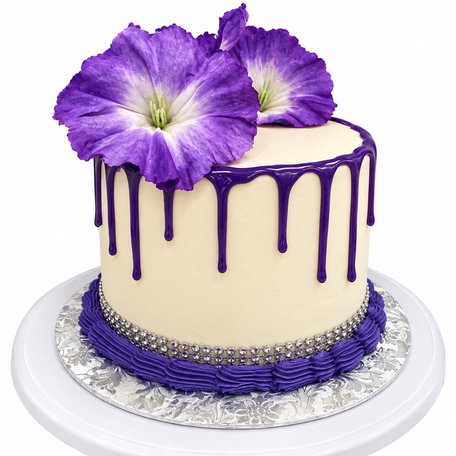 Ivory purple drip cake with violet flowers