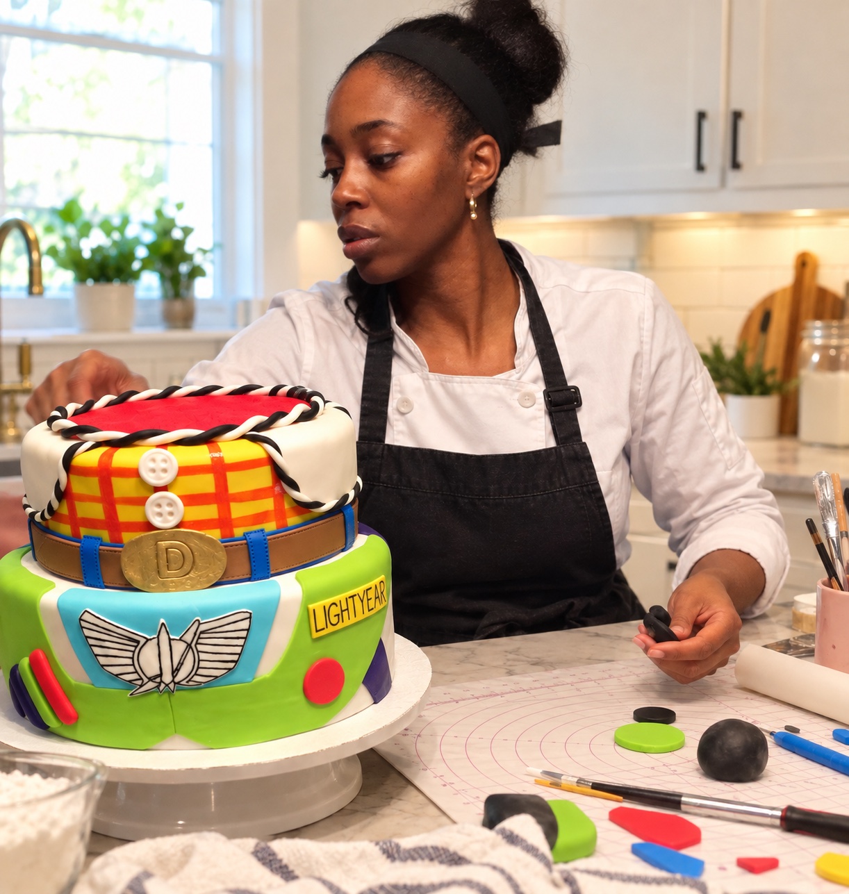 A baker decorating a colorful custom cake in a bright kitchen